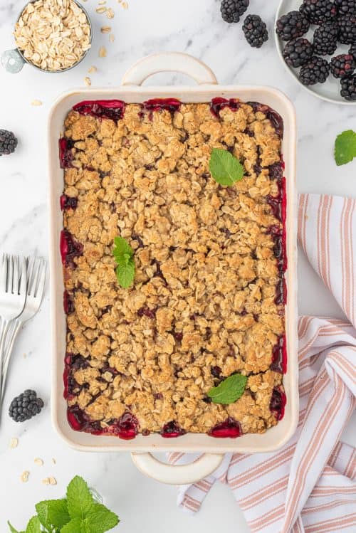 Blackberry crumble in a baking dish. 
