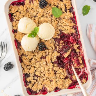 Blackberry crumble in a baking dish.