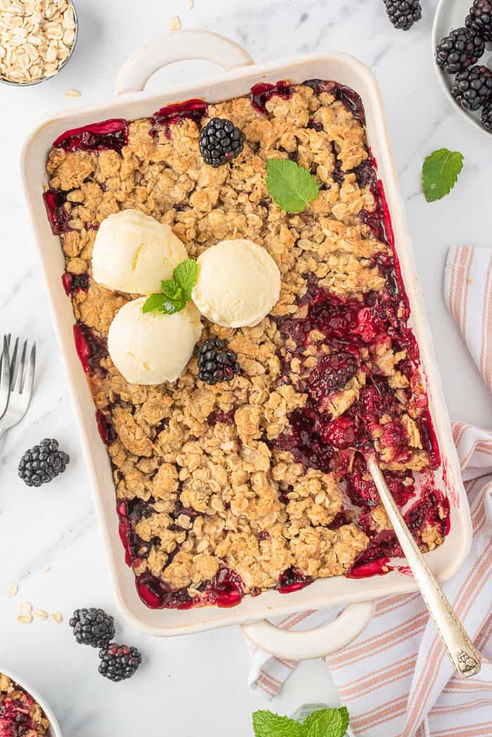 Blackberry crumble in a baking dish.