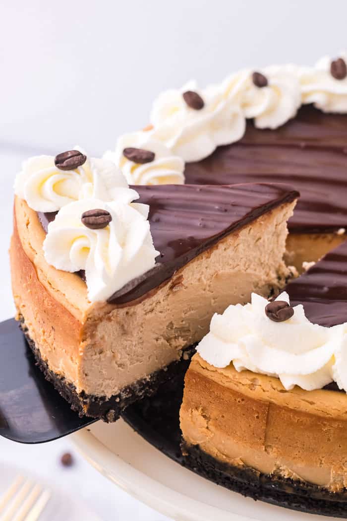 A slice of mocha cheesecake being removed from the cheesecake.