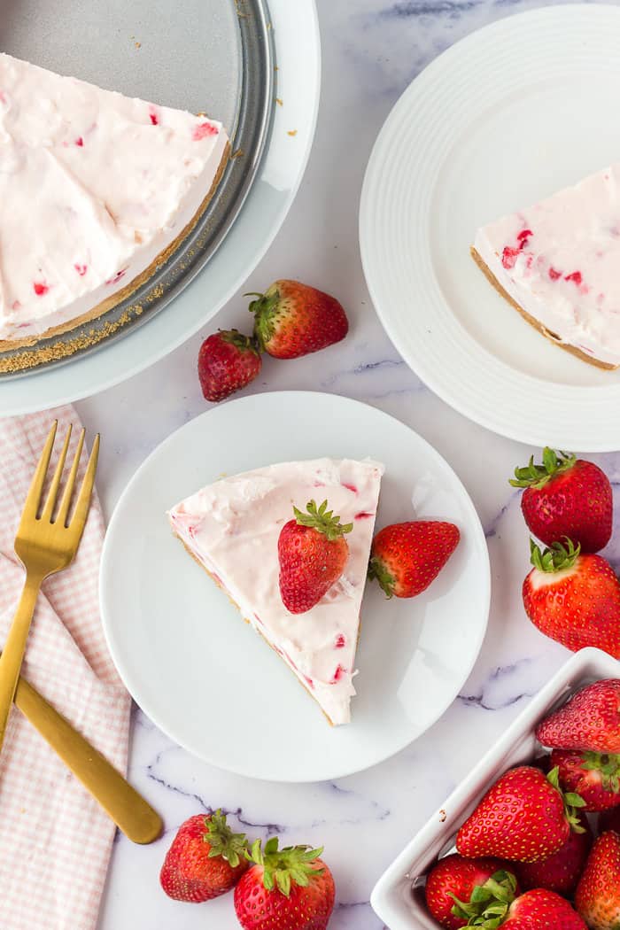 No bake strawberry cheesecake slice on a plate. 