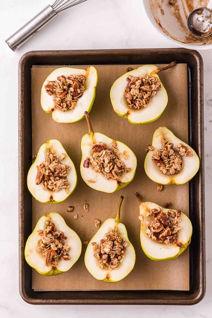 Baked pears on a cookie sheet