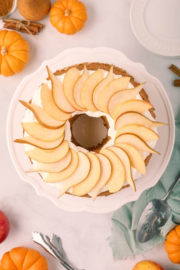 Pumpkin spice angel food cake topped with pears and apples.