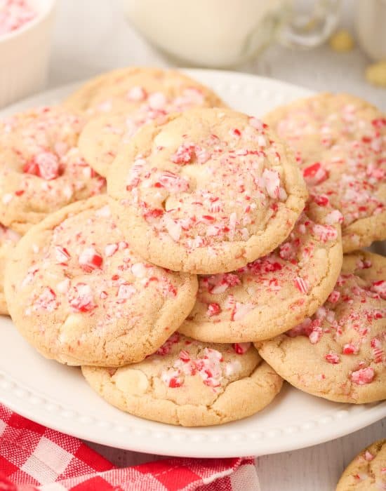 Peppermint White Chocolate Cookies on a plate.
