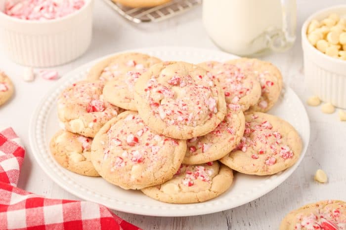 Peppermint white chocolate cookies on a plate.