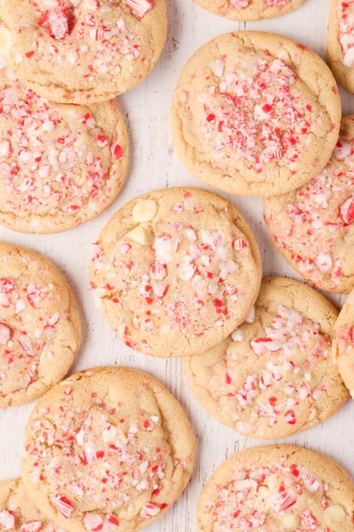 Peppermint white chocolate cookies on a cookie sheet.