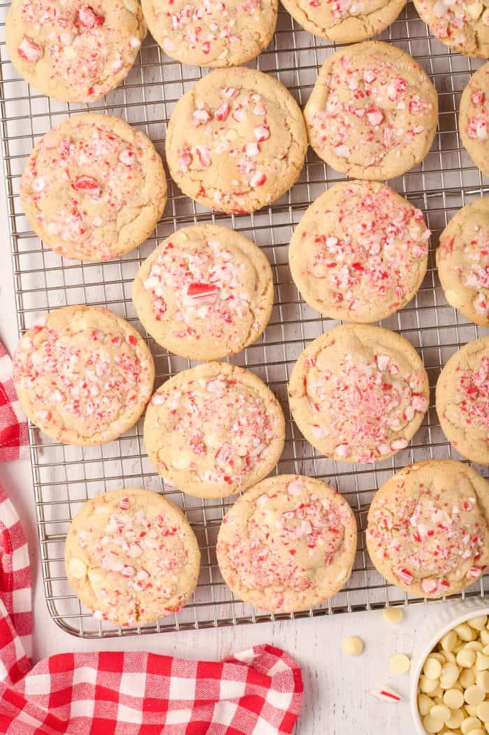 Peppermint white chocolate cookies on a cooling rack.