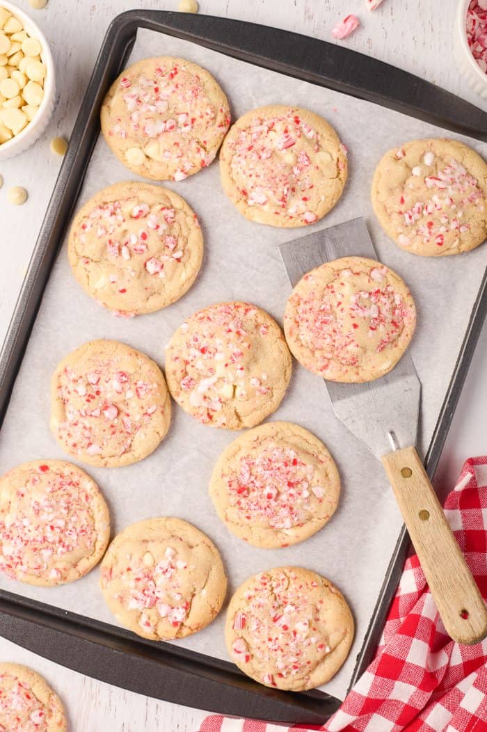 Peppermint white chocolate cookies cooling on a cookie sheet.