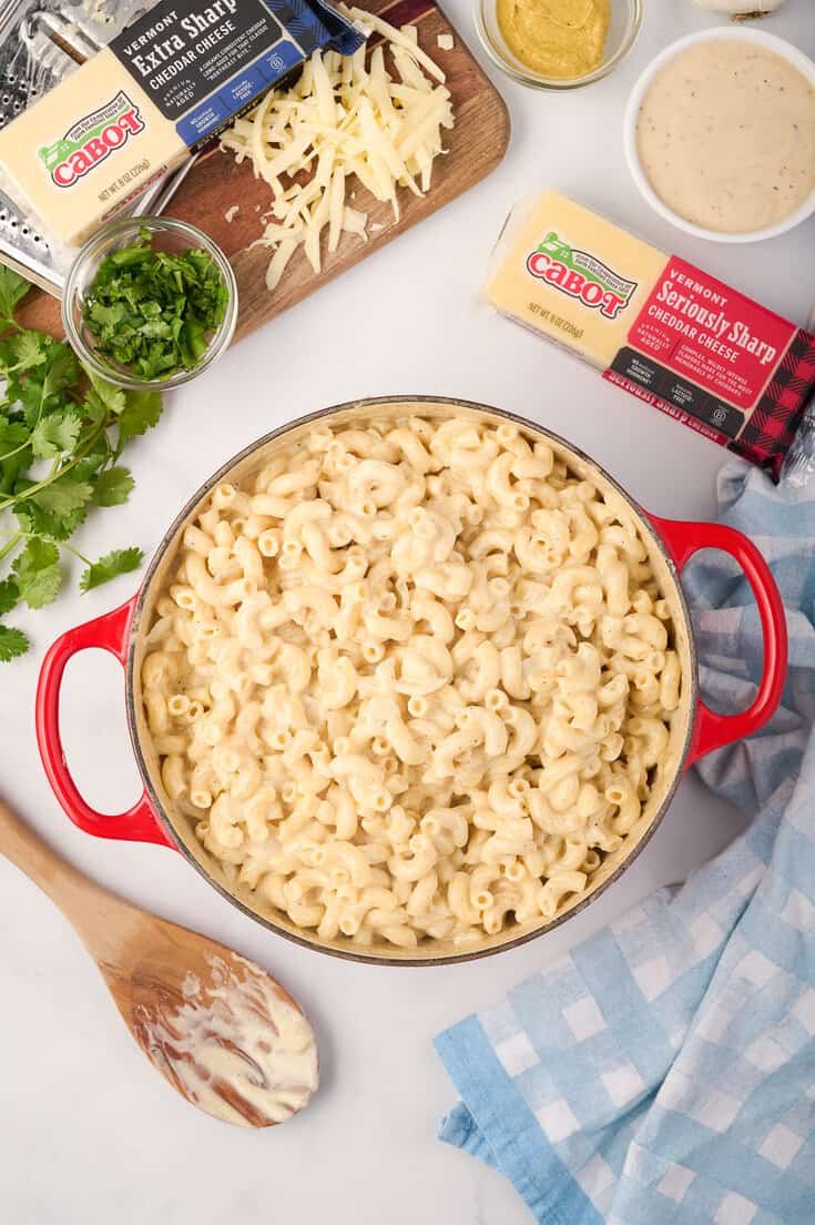 ingredients for mac and cheese in a pot 
