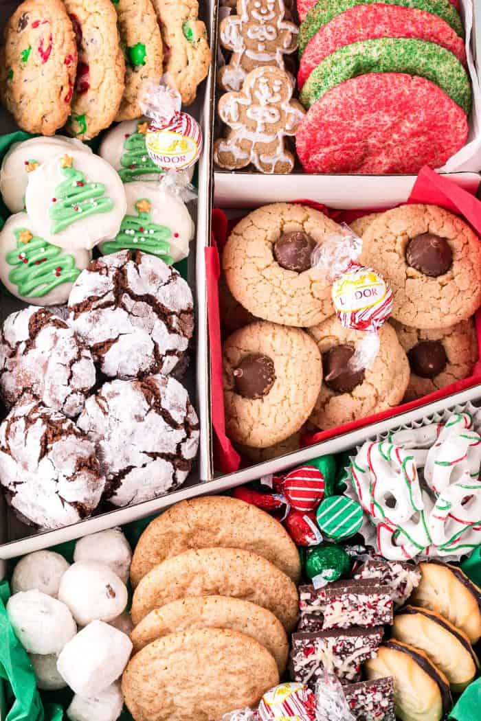 Holiday cookie box filled with cookies.