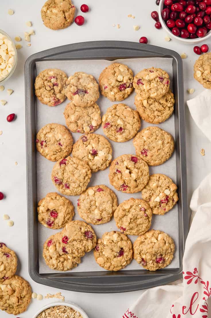 About a dozen oatmeal cranberry cookies on a cookie tray