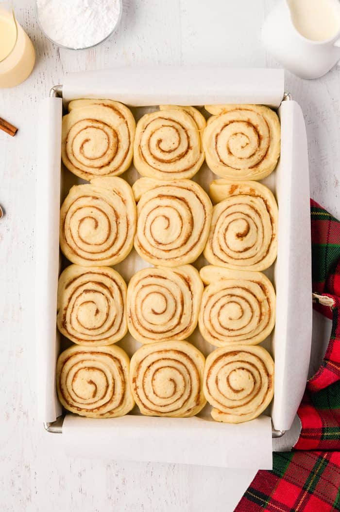 Eggnog cinnamon rolls that are doubled in size.