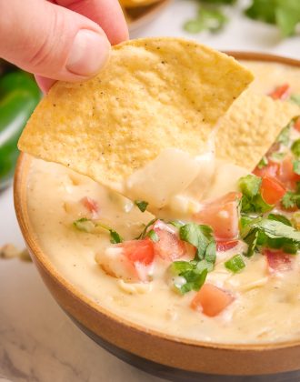 Homemade queso dip with some tortilla chips.