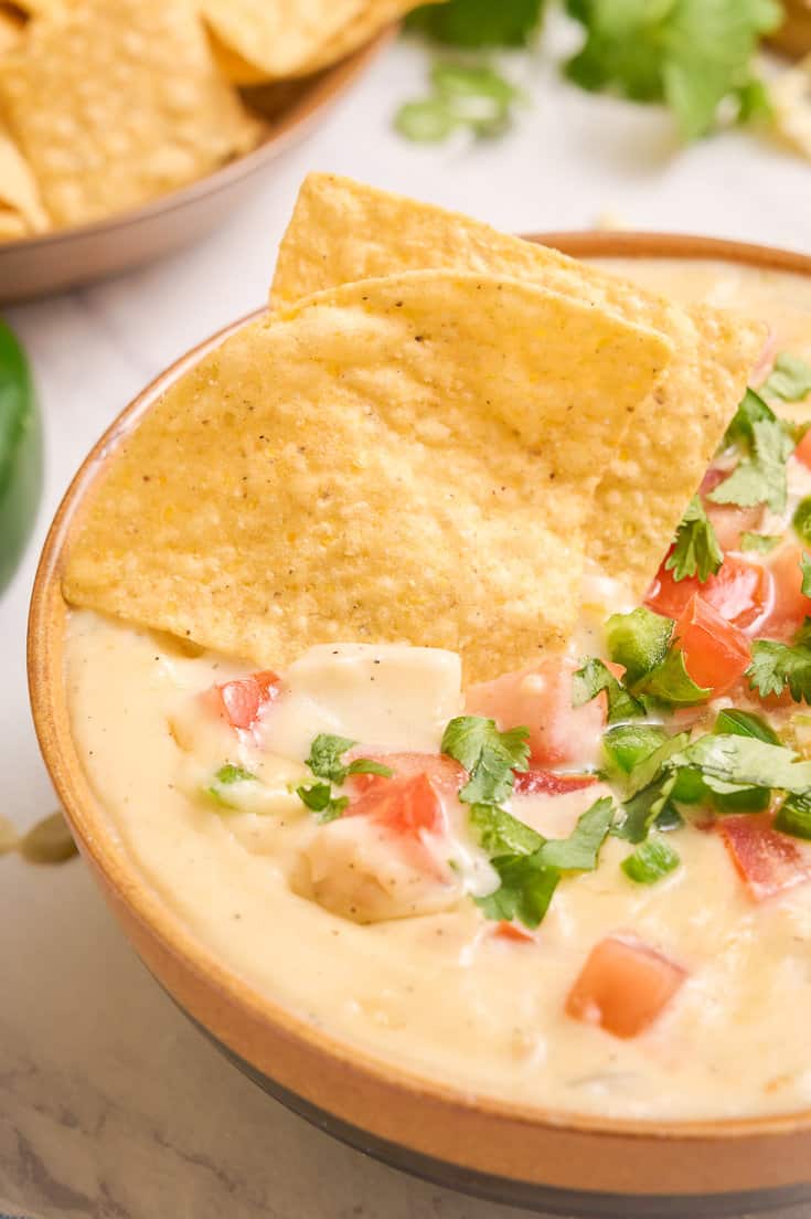 Homemade queso dip with some tortilla chips. 