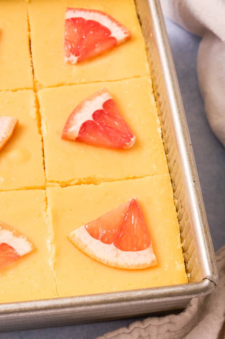 Grapefruit bars in a baking pan.
