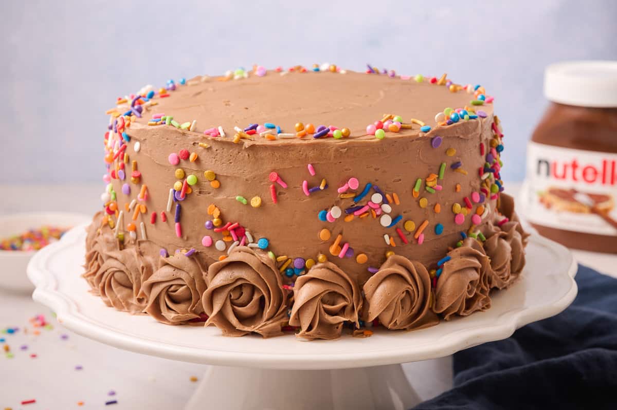Fully decorated vanilla bean cake with Nutella frosting.