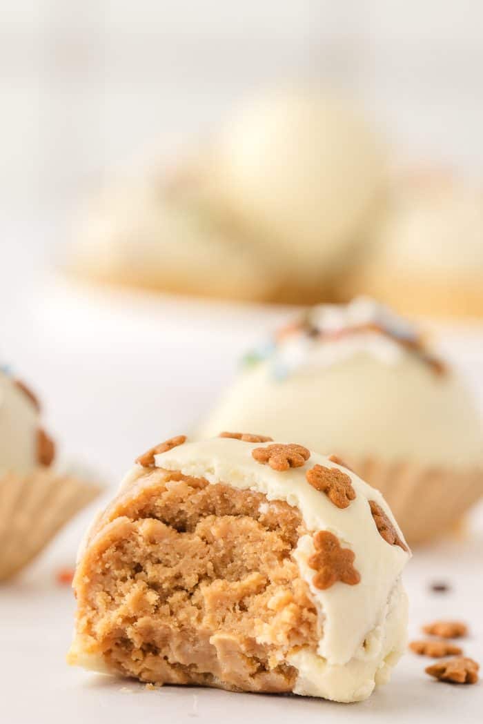 A closeup of a gingerbread truffle with a bite in it.