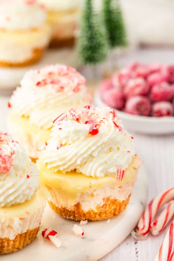 A few mini peppermint cheesecakes on a plate with candy canes in the background.