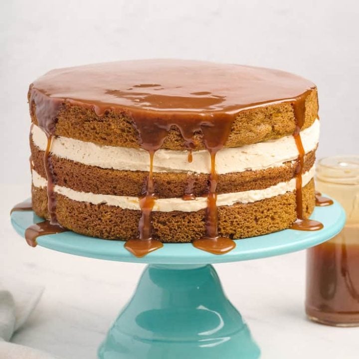 Naked pumpkin layer cake on a blue cake stand.