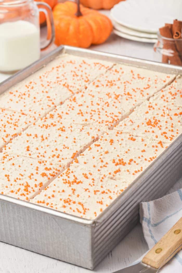A picture of the pumpkin cake bars sliced.
