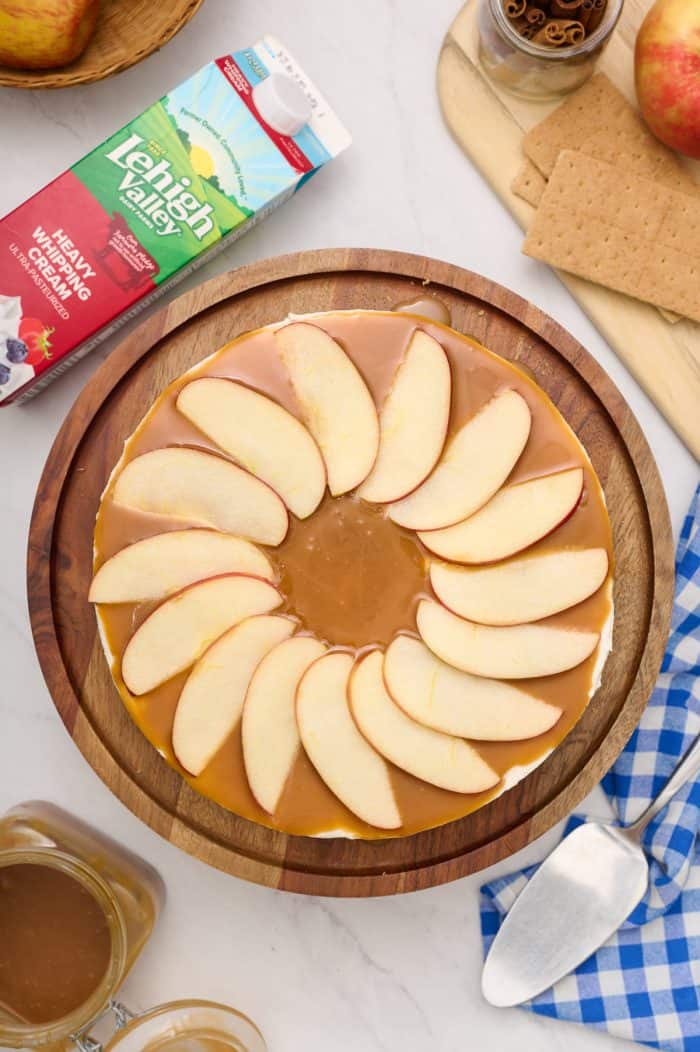 An overhead image of the decorated apple caramel cheesecake.