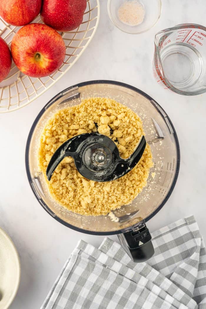 A food processor with the pie crust in it.