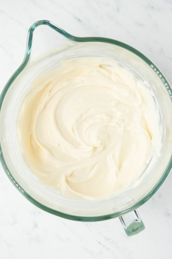 The cream cheese mixture in a mixing bowl.