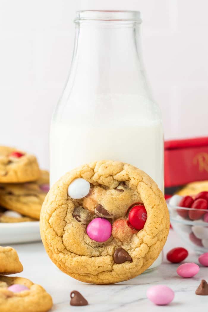 A bottle of milk with a cookie leaning against it.