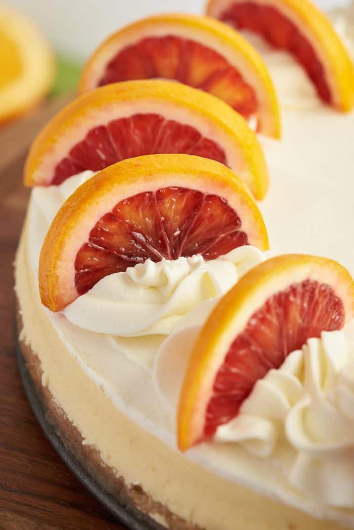 The blood orange cheesecake garnished with slices of blood orange.
