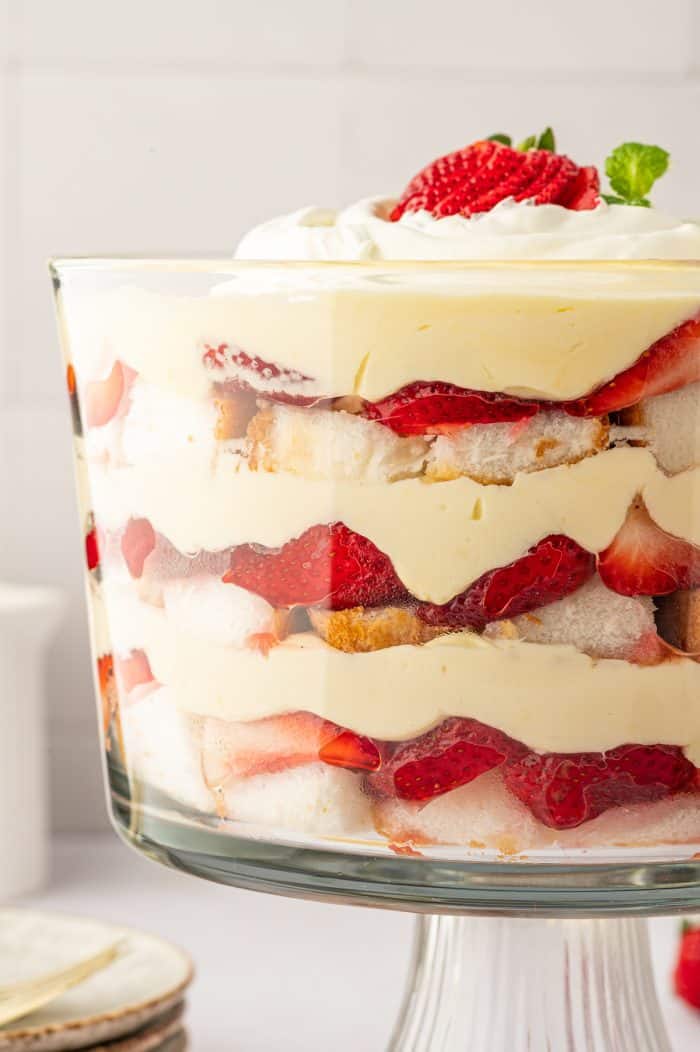 A side view of the trifle showing all of the layers.