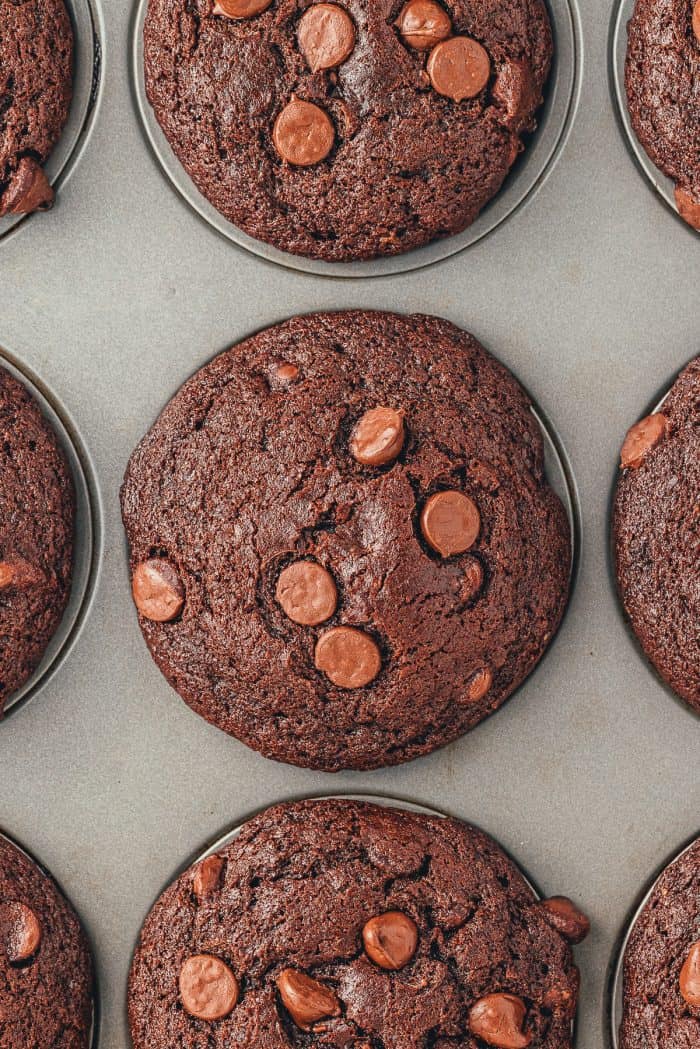 A close up of the chocolate muffins in the muffin pan.