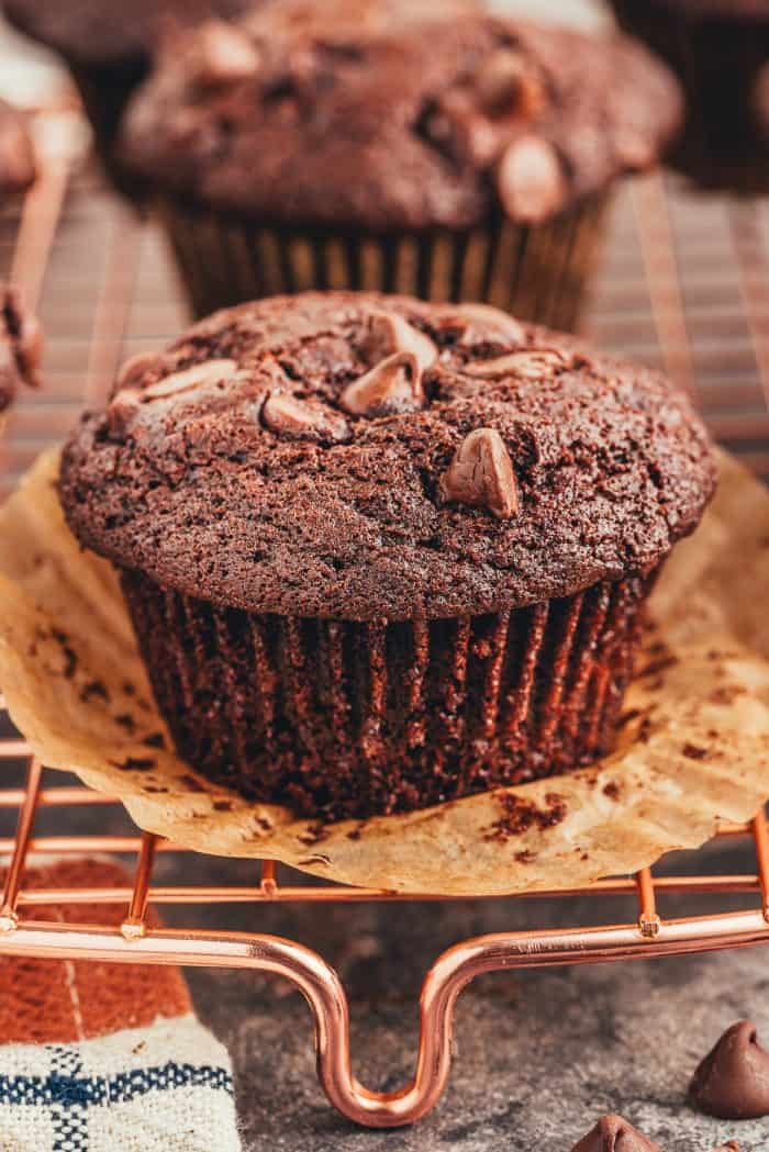 A close up of two double chocolate muffins with the wrappers peeled off on a cooling rack.