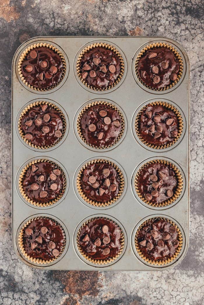 A muffin pan filled with unbaked double chocolate muffins.