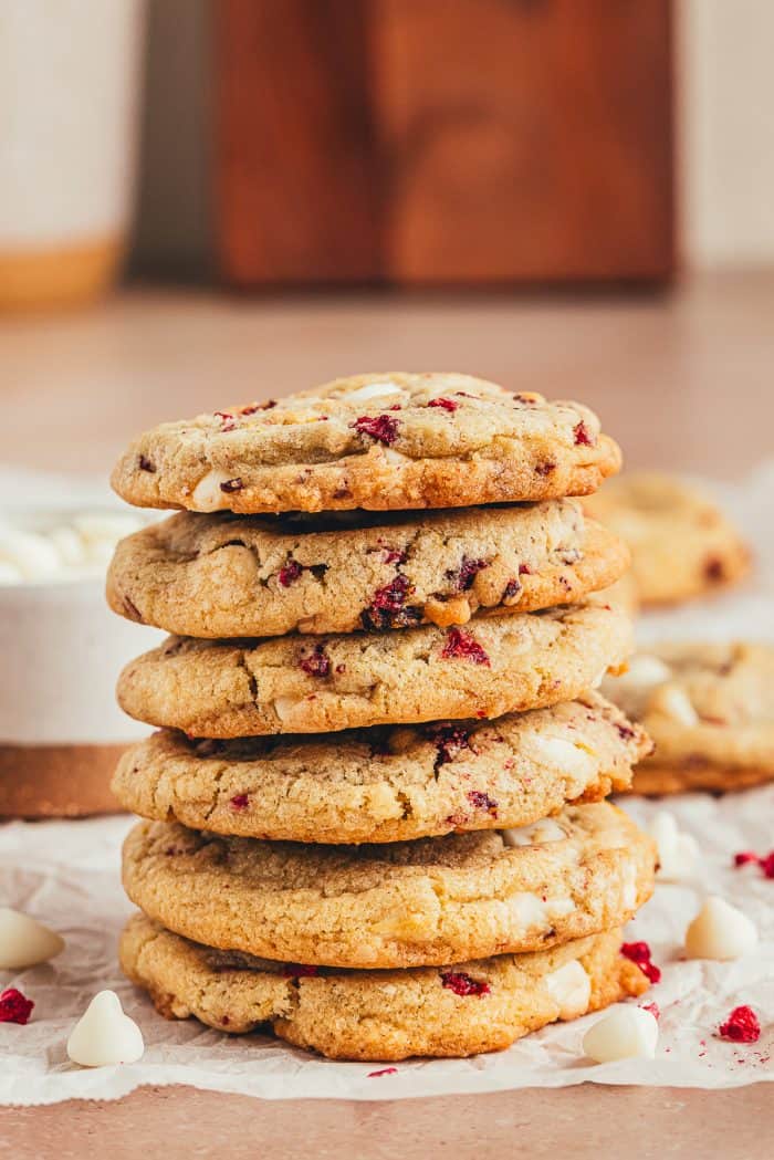 A stack of white chocolate and raspberry cookies.