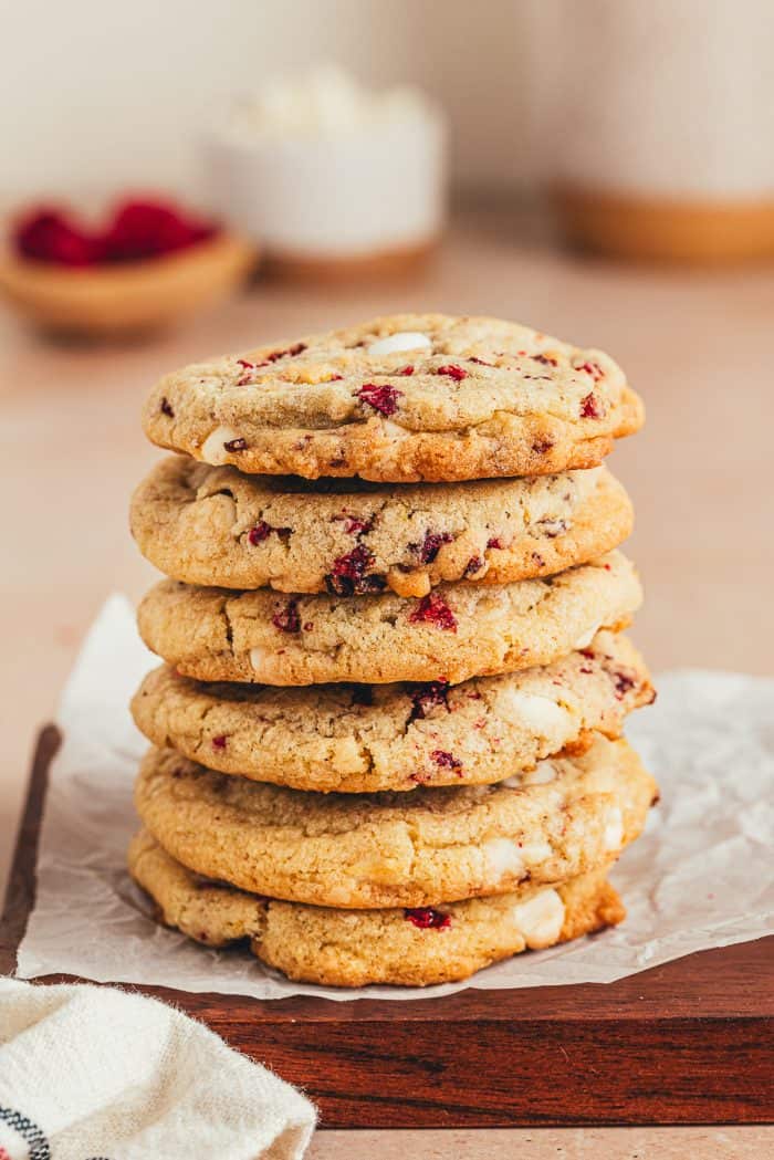 A stack of raspberry and white chocolate cookies.