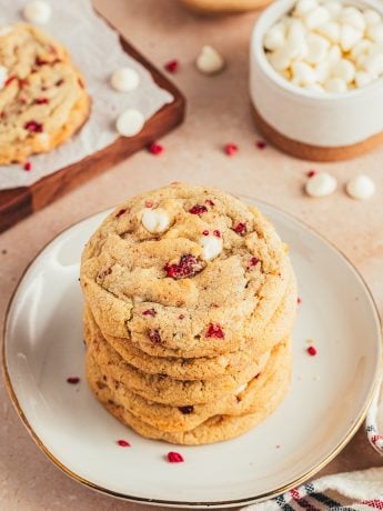 A stack of raspberry and white chocolate cookies.