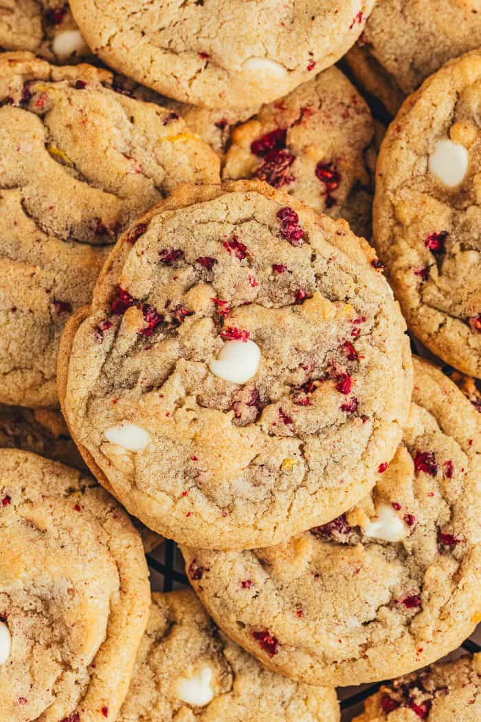 An overview of white chocolate raspberry cookies. 