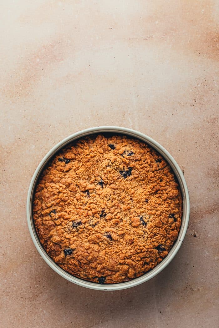 A freshly baked blueberry coffee cake in the cake pan.