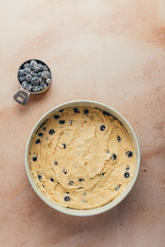 A cake pan with blueberry coffee cake batter in it.