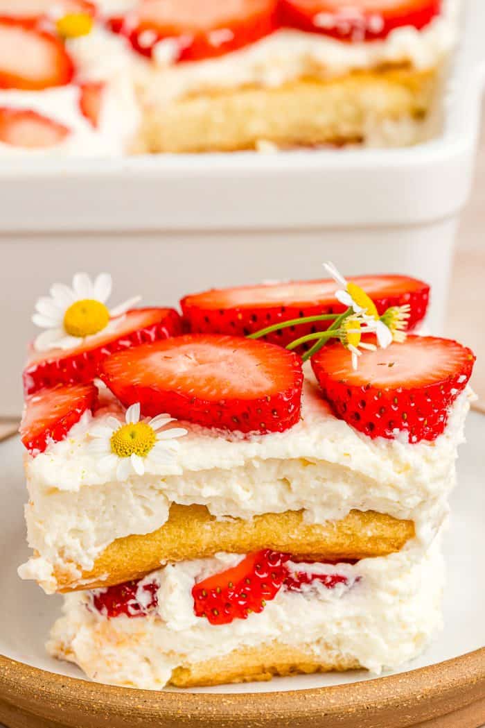 A closeup of a slice of strawberry tiramisu cake. 