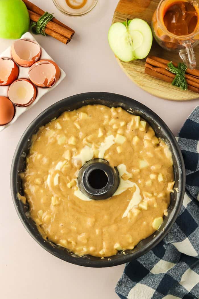 The cake batter in the Bundt pan.