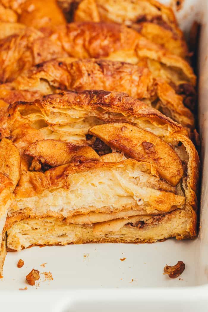 Up close of the croissants in the apple pie french toast bake.