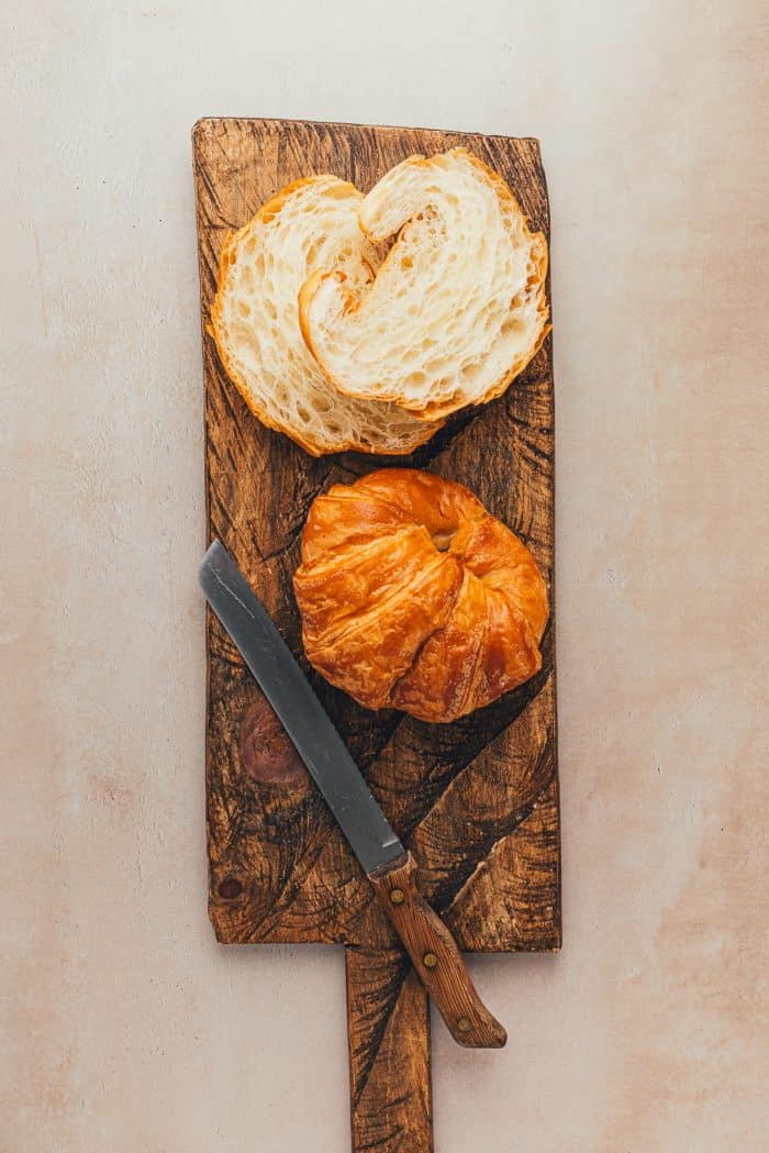 Croissants that have been sliced in half.