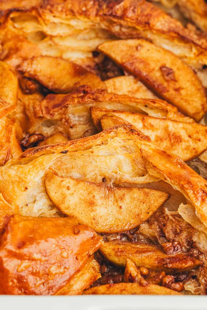 Up close of the apple pie filling in the french toast bake.