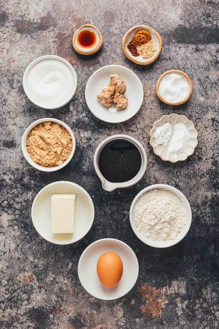 The ingredients to make ginger molasses cookies.