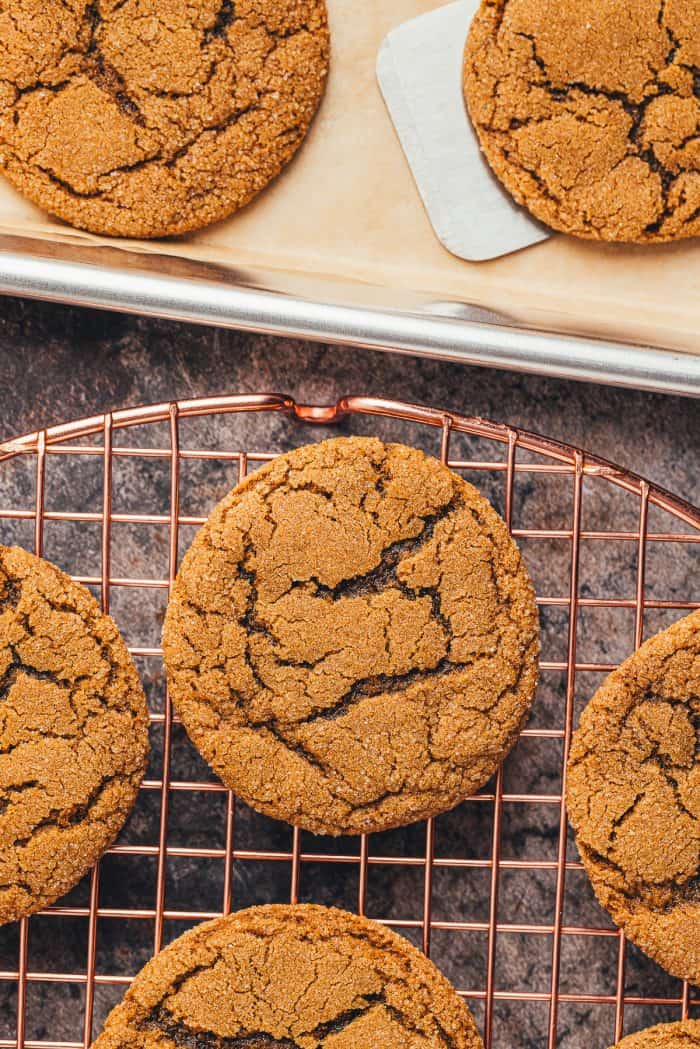 A cooling rack with soft ginger molasses cookies.