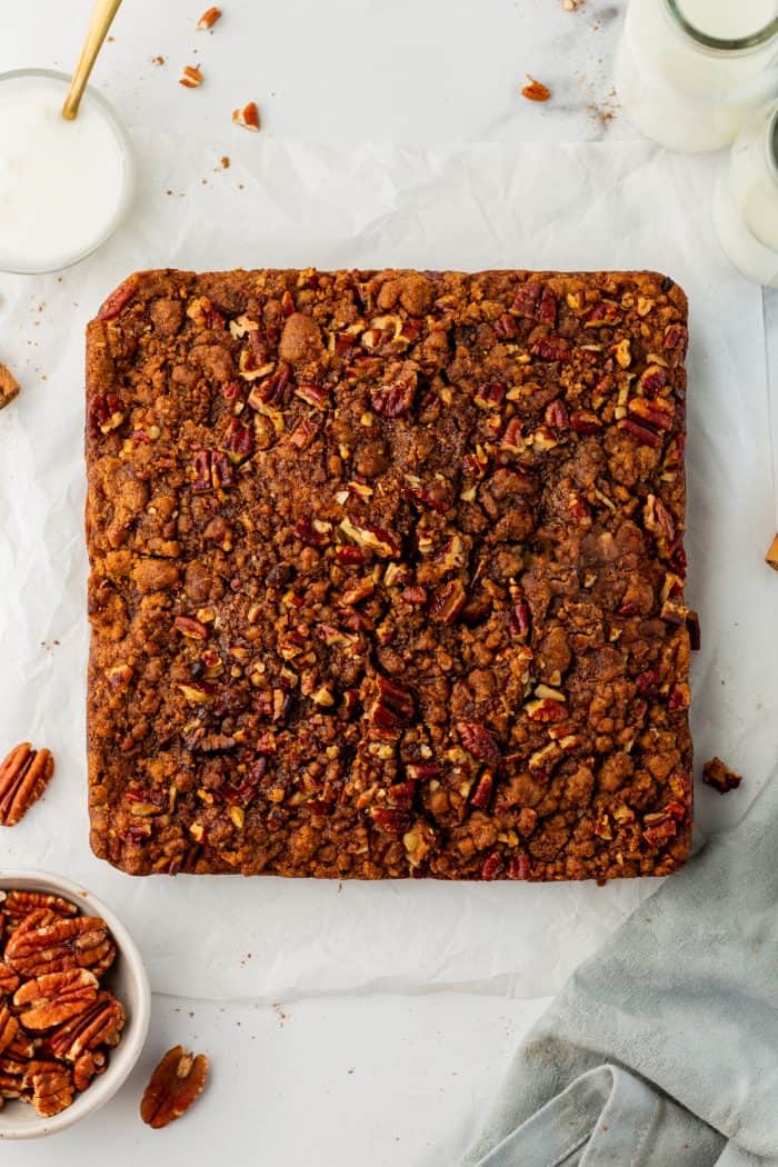 Baked pumpkin pecan coffee cake that has been removed from the cake pan.