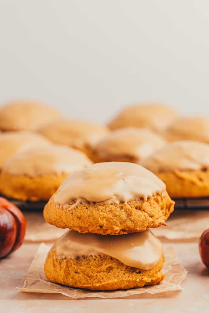 Two pumpkin spice cookies stacked on each other.