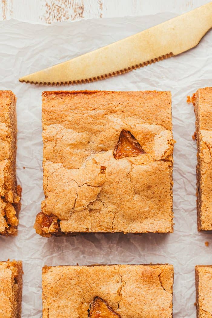 Apple Pie Blondies sliced into bars.