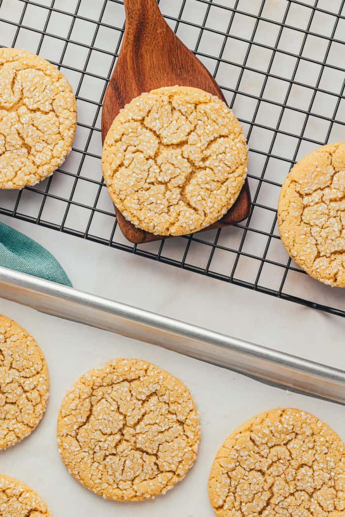 The brown butter sugar cookies on a cooling rack.